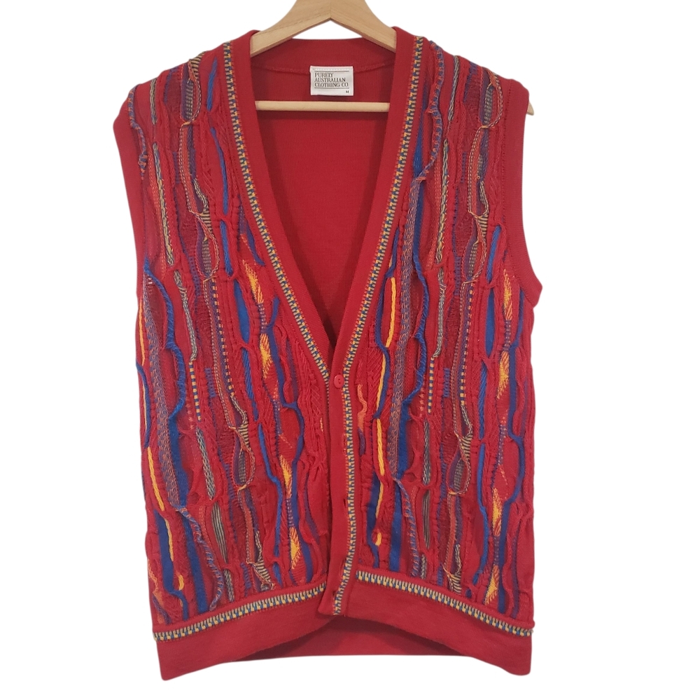 Purely Australian Clothing Vest 90s Vintage 3D Knit Red Wool Coogi Style Size M